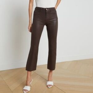 L'Agence Kendra Coated Cropped High Rise Flare Jeans w/ Stretch, Raw Hem, Sz 29.